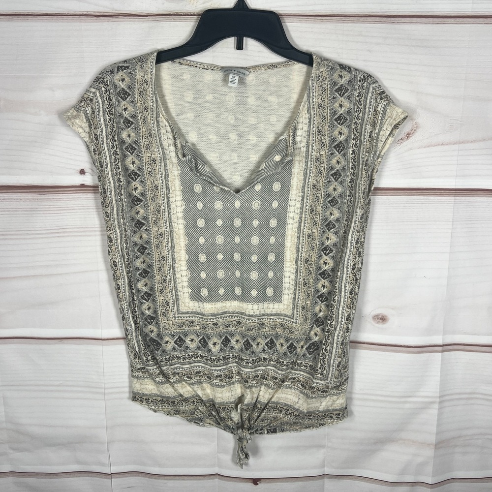 Lucky Brand Top Women S Gray Print Blouse Cotton Modal Knit Split Neck Tie Front